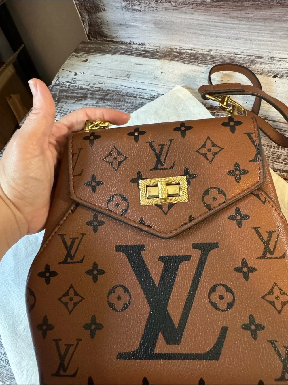 Brown Monogram Crossbody Bag with Gold Chain
